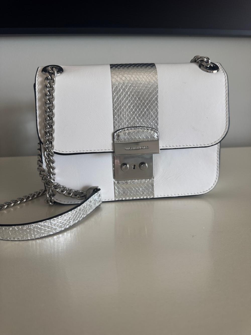 Michael Kors White Leather Crossbody with Silver Snake-Trim